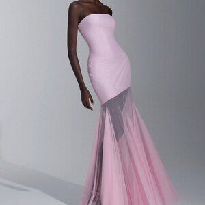 Pink Party Women's Elegant Bodycon Strapless maxi Mesh hem Dress